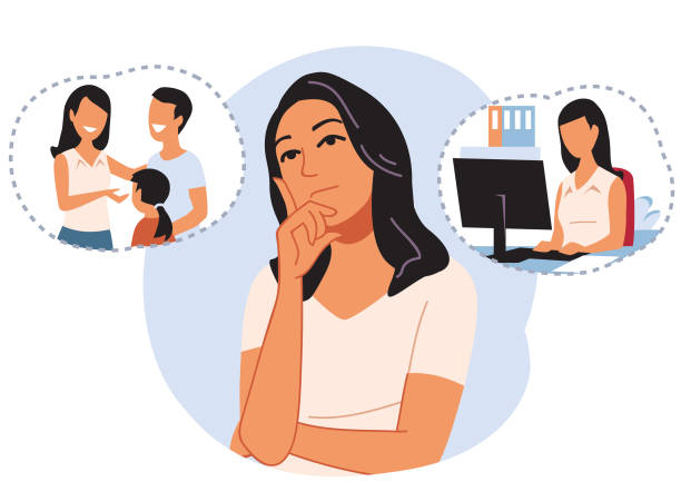 Illustration of a woman reflecting on family life and returning to the workplace